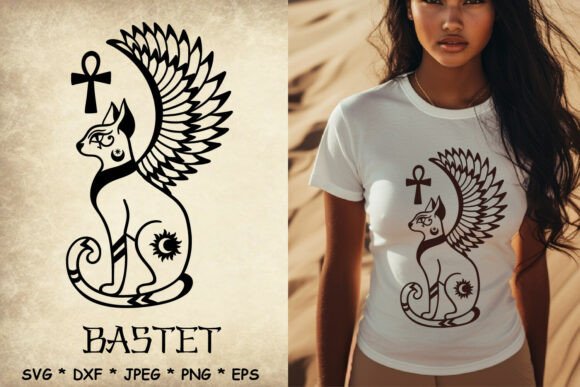 Bastet Winged Cat Profile SVG with Ankh