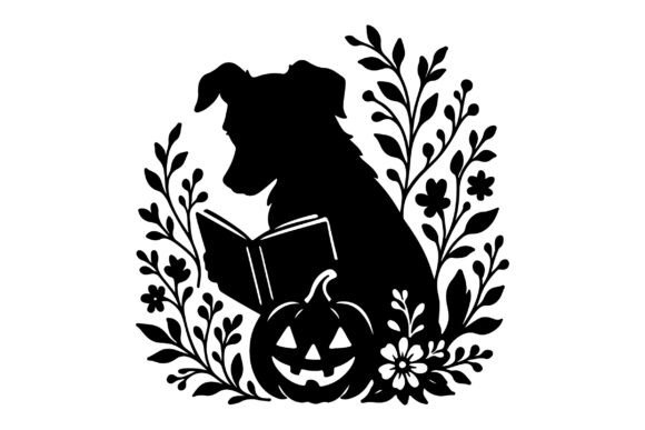 Halloween Dog Reading Book Pumpkin