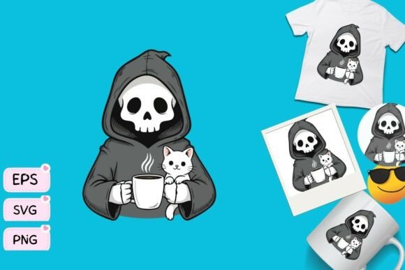 Spooky but Cute Grim Reaper with Cat